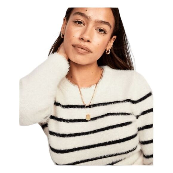 Old Navy Breton Stripe Eyelash Party Sweater White Black Fuzzy Knit Crewneck XXL - Picture 3 of 9